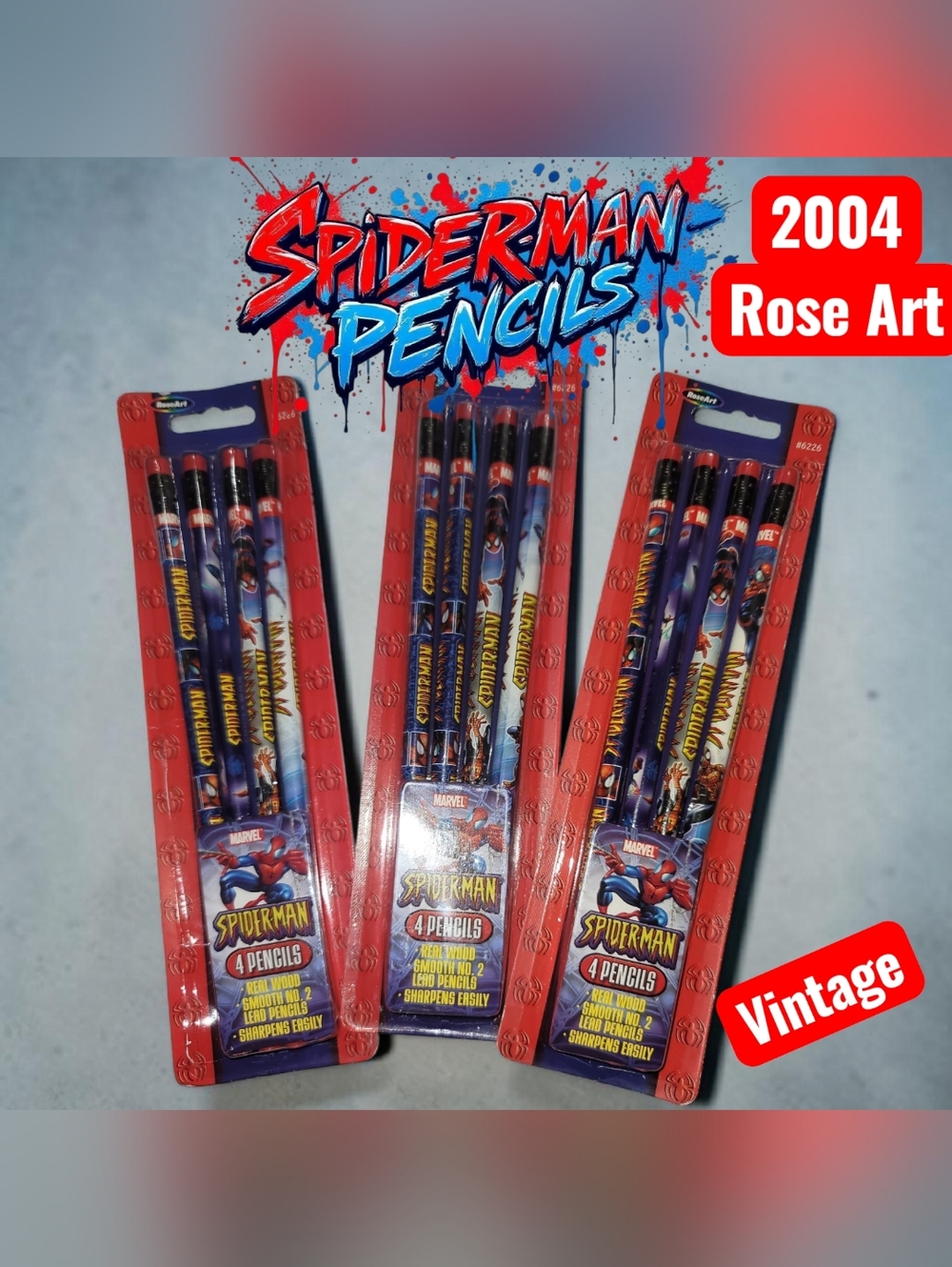 Marvel Spider-Man Pencil Set –3 PACK 2004 VINTAGE Rose ART